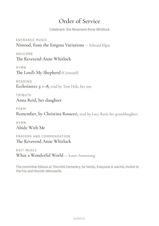 Sample booklet page: the order of service