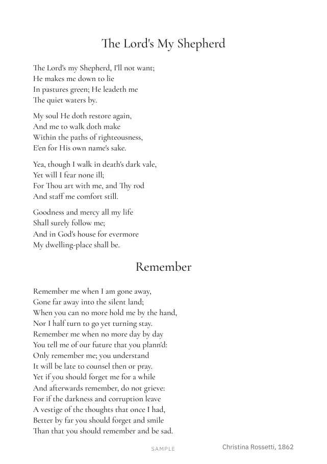 Sample booklet page: the words of the hymn and the poem