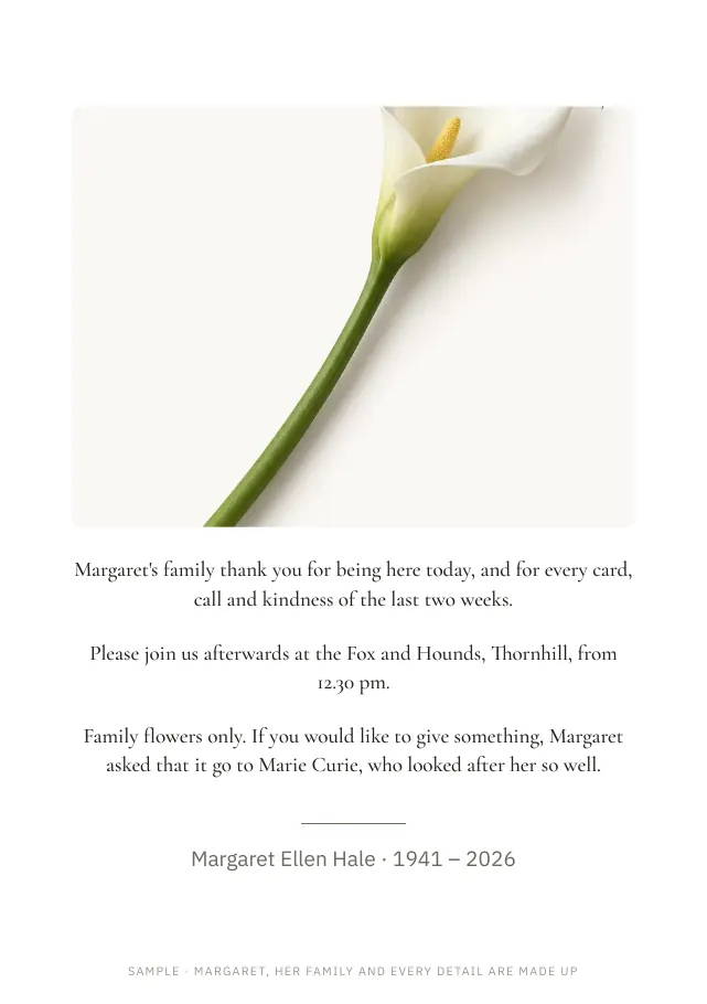Sample booklet back page: thanks, the wake and donations